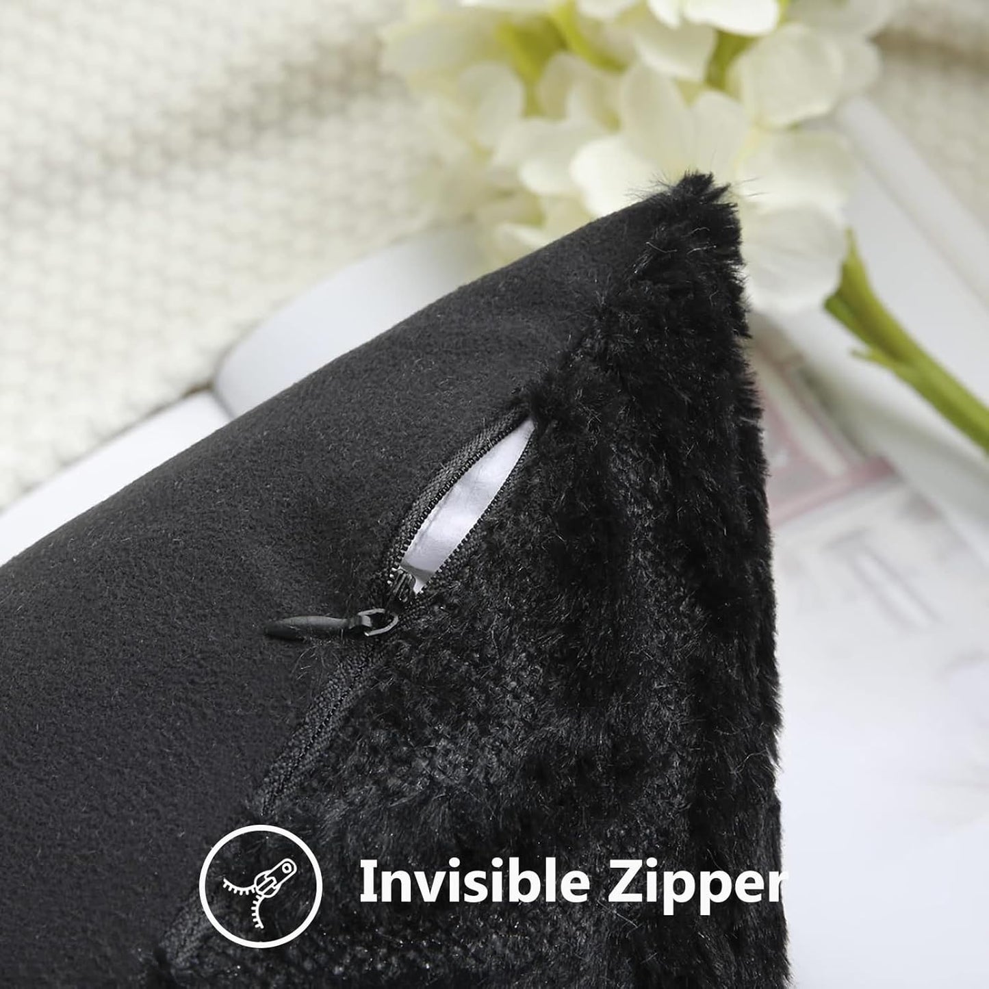 decorUhome Fall Throw Pillow Covers 18x18 Inch Set of 2, Soft Plush Decorative Faux Fur Black Solid Couch Pillow Covers, Accent Farmhouse Neutral Square Euro Pillow Cases for Sofa Bed Living Room