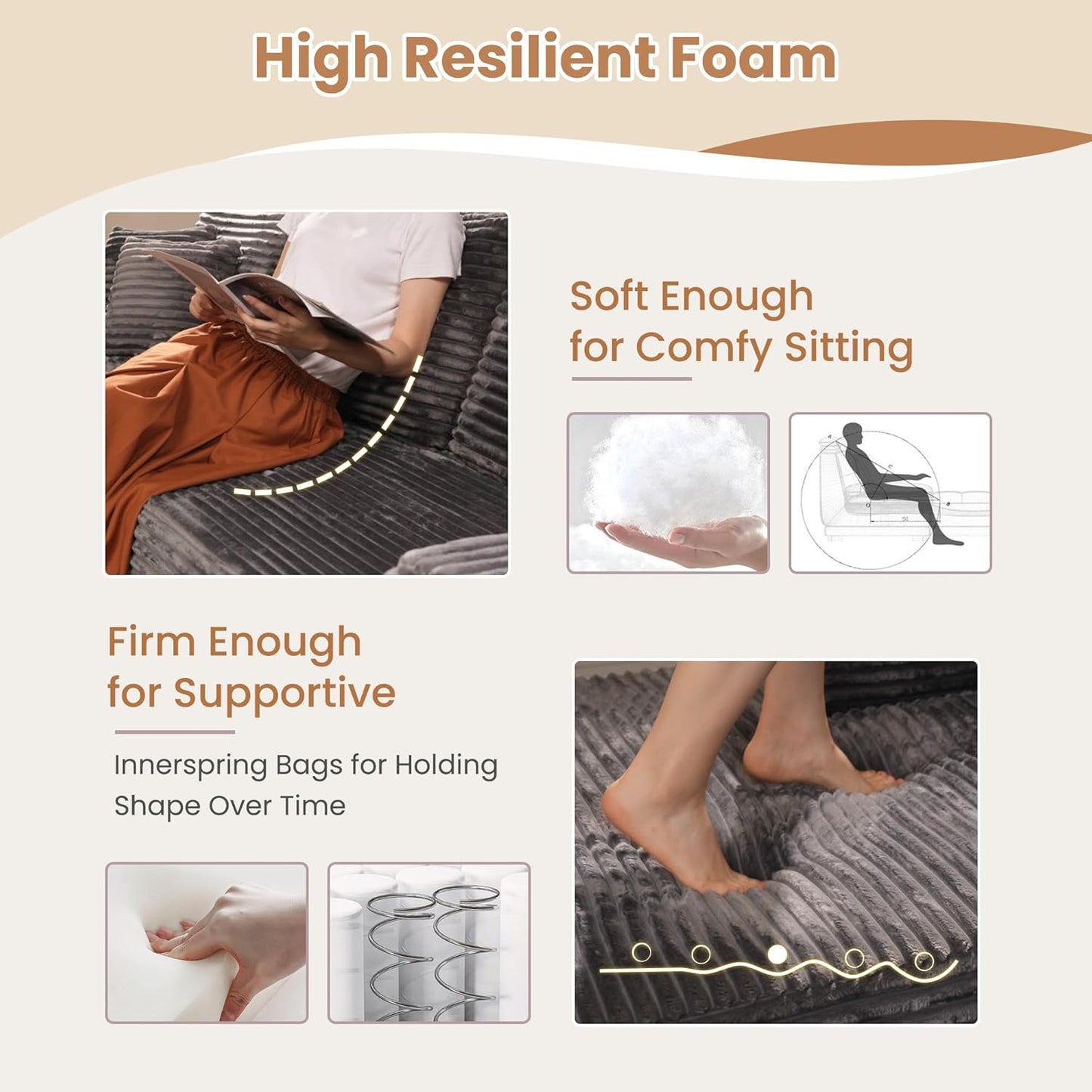 HOOOWOOO Cloud Sectional Couches for Living Room,Modular Sectional Sofa No Assembly,136X108 Inch Plush Corduroy Large U Shaped Floor Couch Set with Deep Seat Ottoman(Gray)