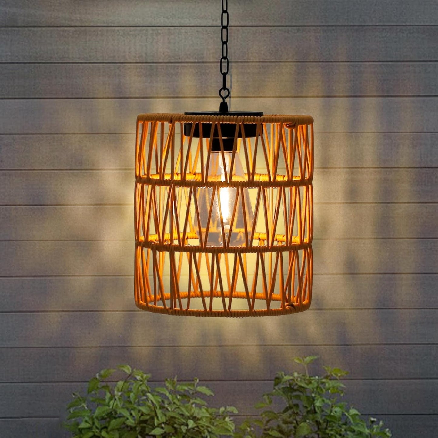 Livinlarge Solar Chandelier Lantern,Outdoor Rattan Pendant Lights,Waterproof Boho Hanging Lamps with Edison Bulb for Gazebo Tree Porch Yard Porch Patio Garden Backyard Decor