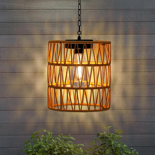 Livinlarge Solar Chandelier Lantern,Outdoor Rattan Pendant Lights,Waterproof Boho Hanging Lamps with Edison Bulb for Gazebo Tree Porch Yard Porch Patio Garden Backyard Decor