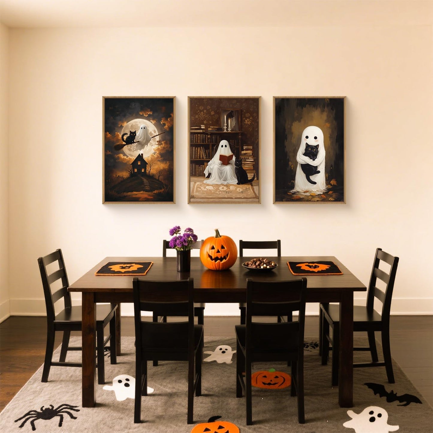HPNIUB Halloween Ghost Framed Canvas Wall Art Set, Funny Black Cat Poster Artwork, Vintage Spooky Wall Decor, Dark Academia Moon Pictures for Bedroom Living Room Bathroom-16 x24 x3