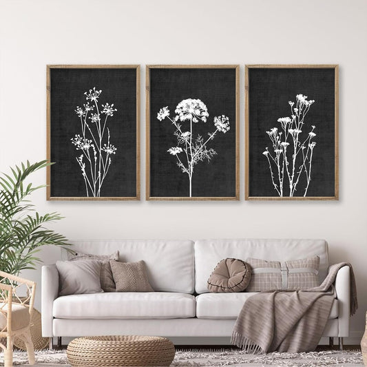 Flower Plant Wall Art Decor 16"x11" Set of 3 Black And White Botanical Painting Wood Framed For Minimalist Bedroom Office Rustic Living Room Abstract Wildflower Sign Hanging (Wood Black)