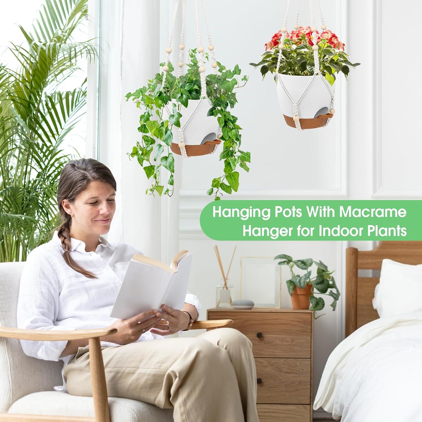 Hanging Planters for Indoor Outdoor Plants, 2 Pack Self Watering Hanging Pots, Hanging Plant Baskets with Drainage Holes & 2 Types of Plant Hangers (White, 6'')