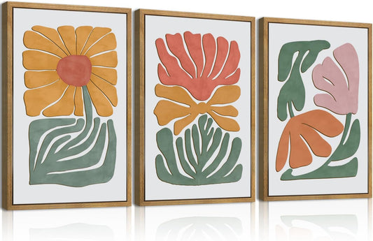 Large Abstract Boho Floral Wall Art Set Colorful Botanical Wood Wall Decor Modern Mid Century Artwork Neutral Bohemian Art Decor for Living Room Bedroom Office-16x24Inch x3
