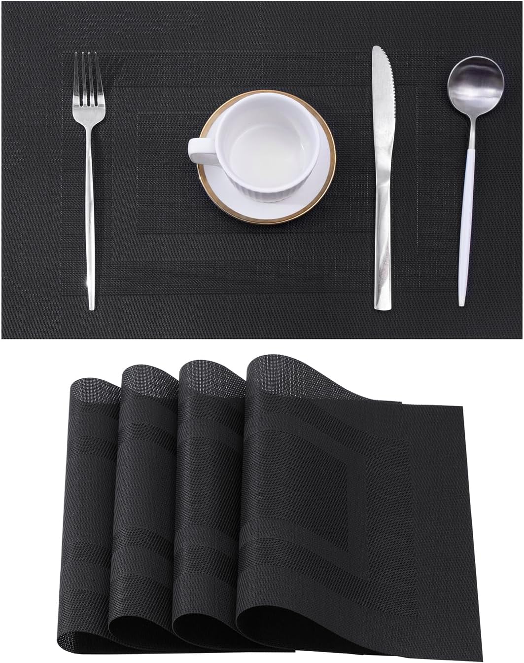 Leetaltree Black Frame Placemats Set of 4 - Heat Resistant Non-Slip Place mats for Dining Table, Washable Durable PVC Vinyl Woven Table Mats（Black Frame, 4）