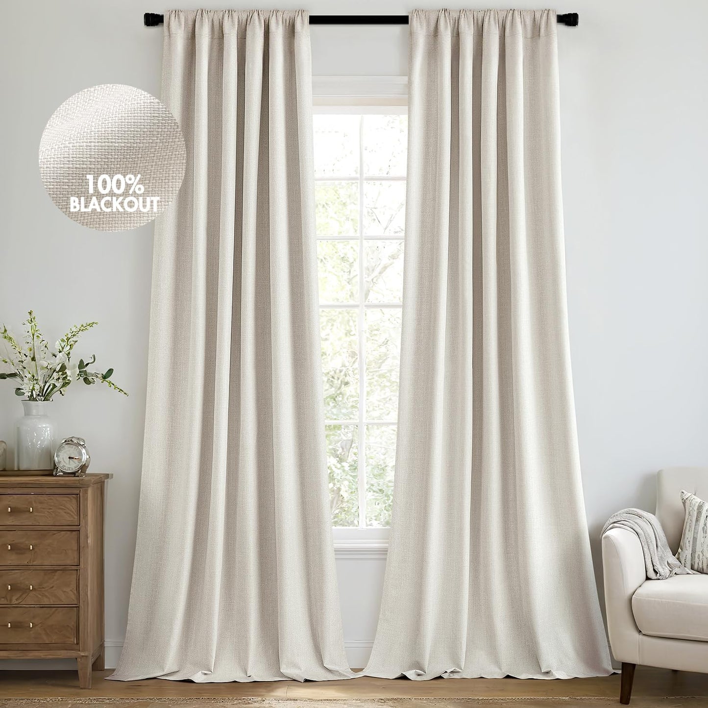 MIULEE 100% Blackout Curtains 90 Inch Long 2 Panels Set for Bedroom, Thick Luxury Faux Linen Black Out Curtain Room Darkening Back Tab Pleat Window Textured Drapes with Hooks for Living Room, Birch
