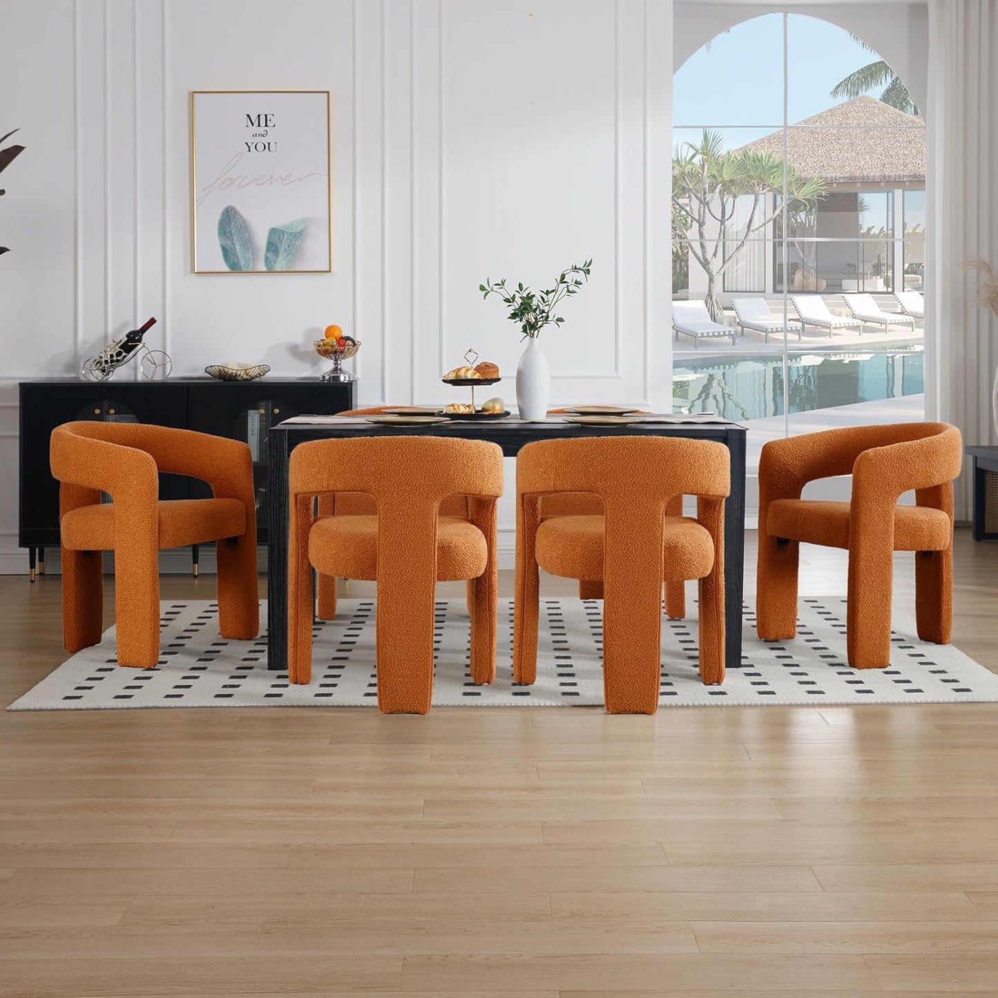 Orange Sherpa Dining Chairs Set of 2, Modern Barrel Dining Room Chairs Upholstered Faux Fur Accent Chair with Arms and Round Back for Living Room Kitchen Armchair No Assembly Needed