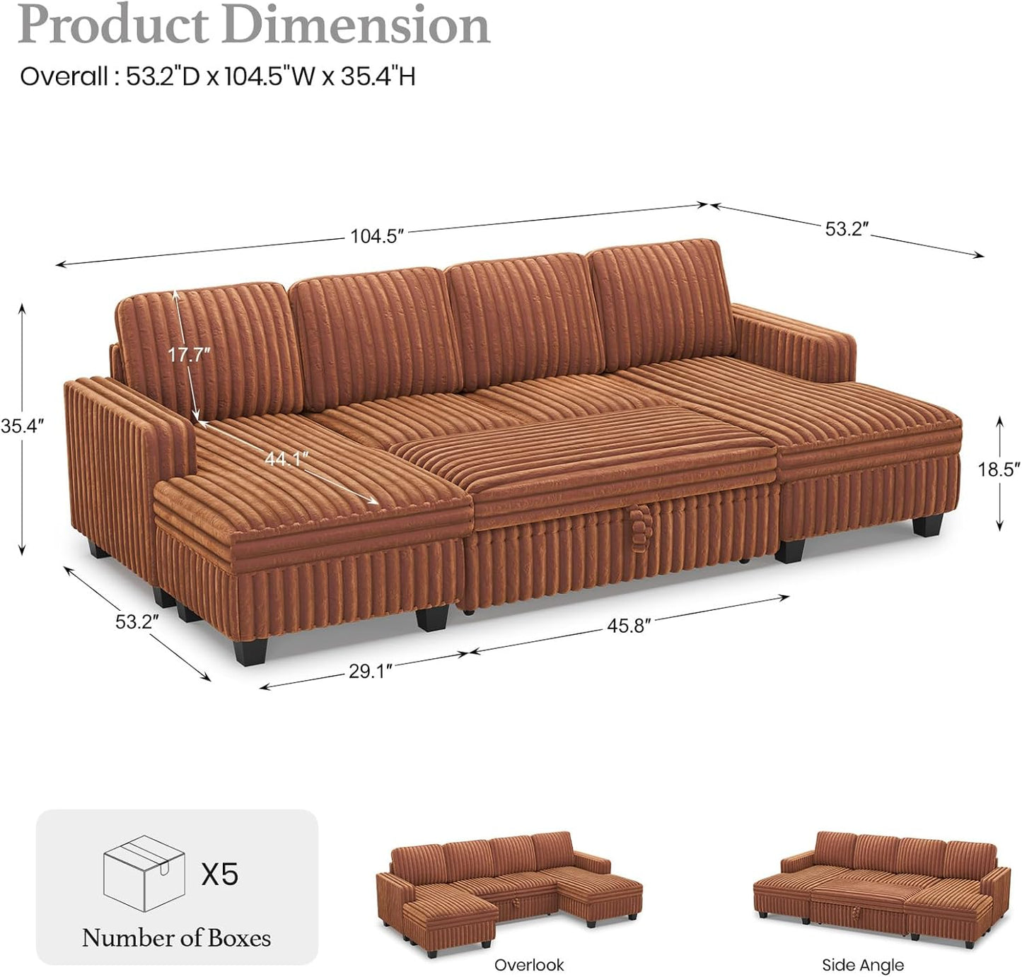 Belffin Modular Sectional Sleeper Sofa with Pull Out Couch Bed Corduroy Double Chaise with Storage Brick Red Couch