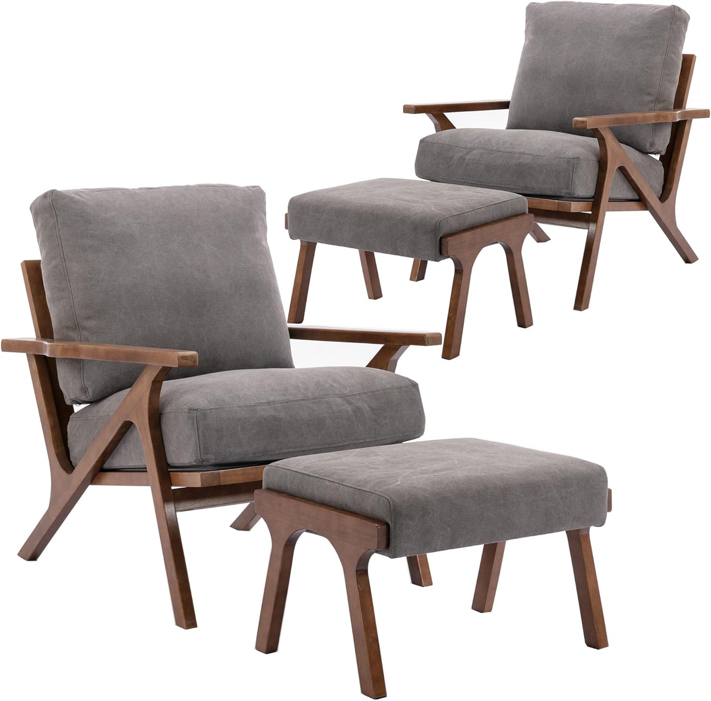 chairus 2 Sets Mid-Century Modern Accent Chairs with Ottoman, Linen Fabric Armchair with Wood Legs Comfy Upholstered Single Sofa Chair for Living Room/Bedroom/Lounge, Grey