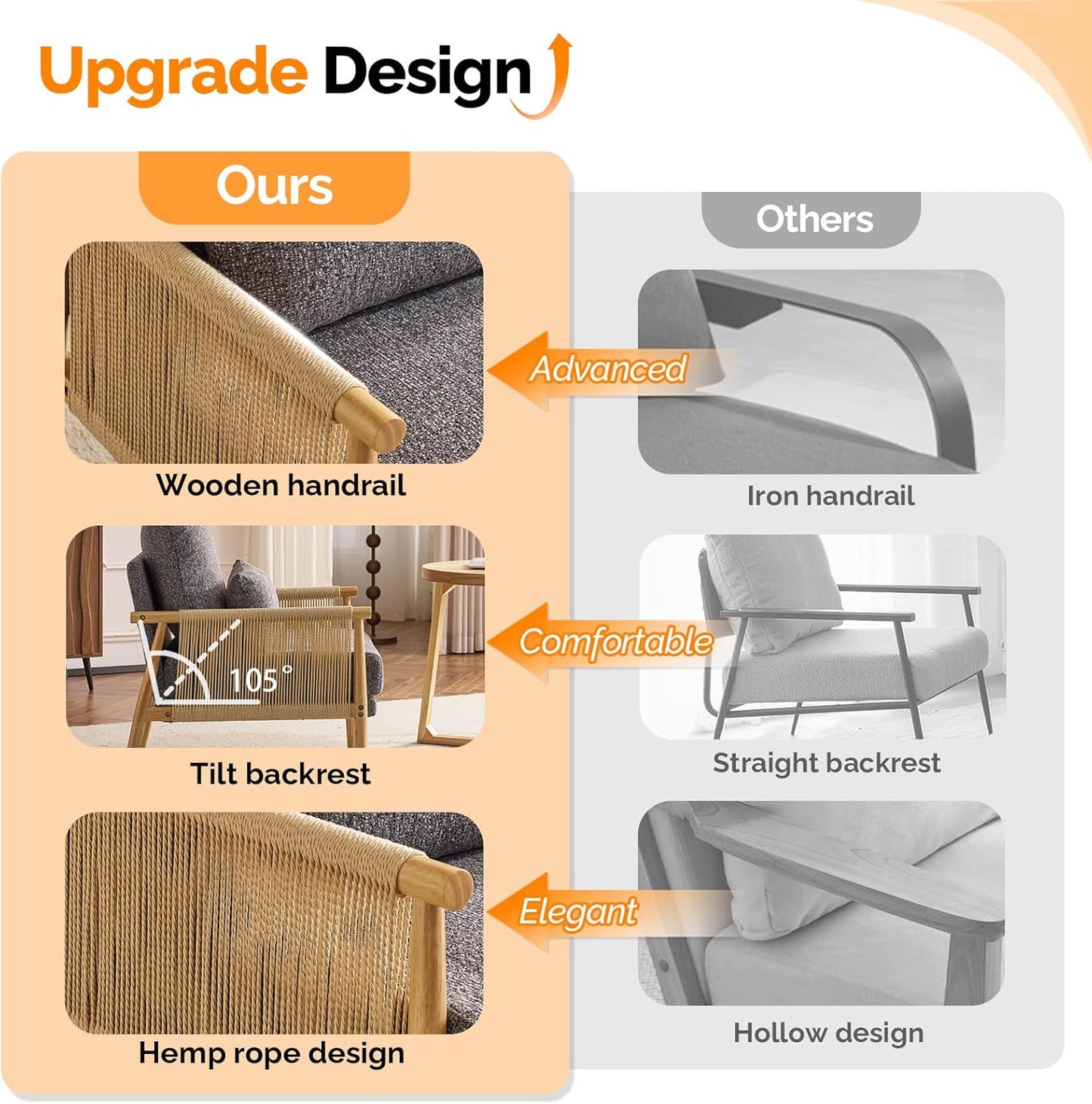 VINGLI Boho Braid Accent Armchair,Mid-Century Modern Chiar with Solid Wooden Armrest,Comfy Louge Cushion Chair with Waist Pillow for Bedroom,Living Room,Reading Room, Gray