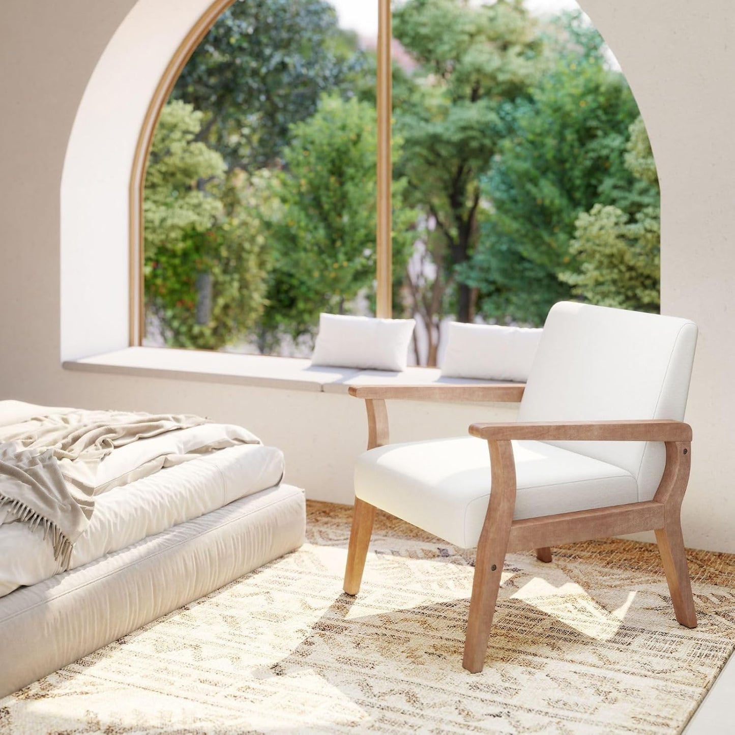 Beige Accent Chair Mid Century Modern Armchair Wood Sitting Chair Linen Fabric Upholstered Side Chair Comfortable Chair for Living Room Bedroom Cream