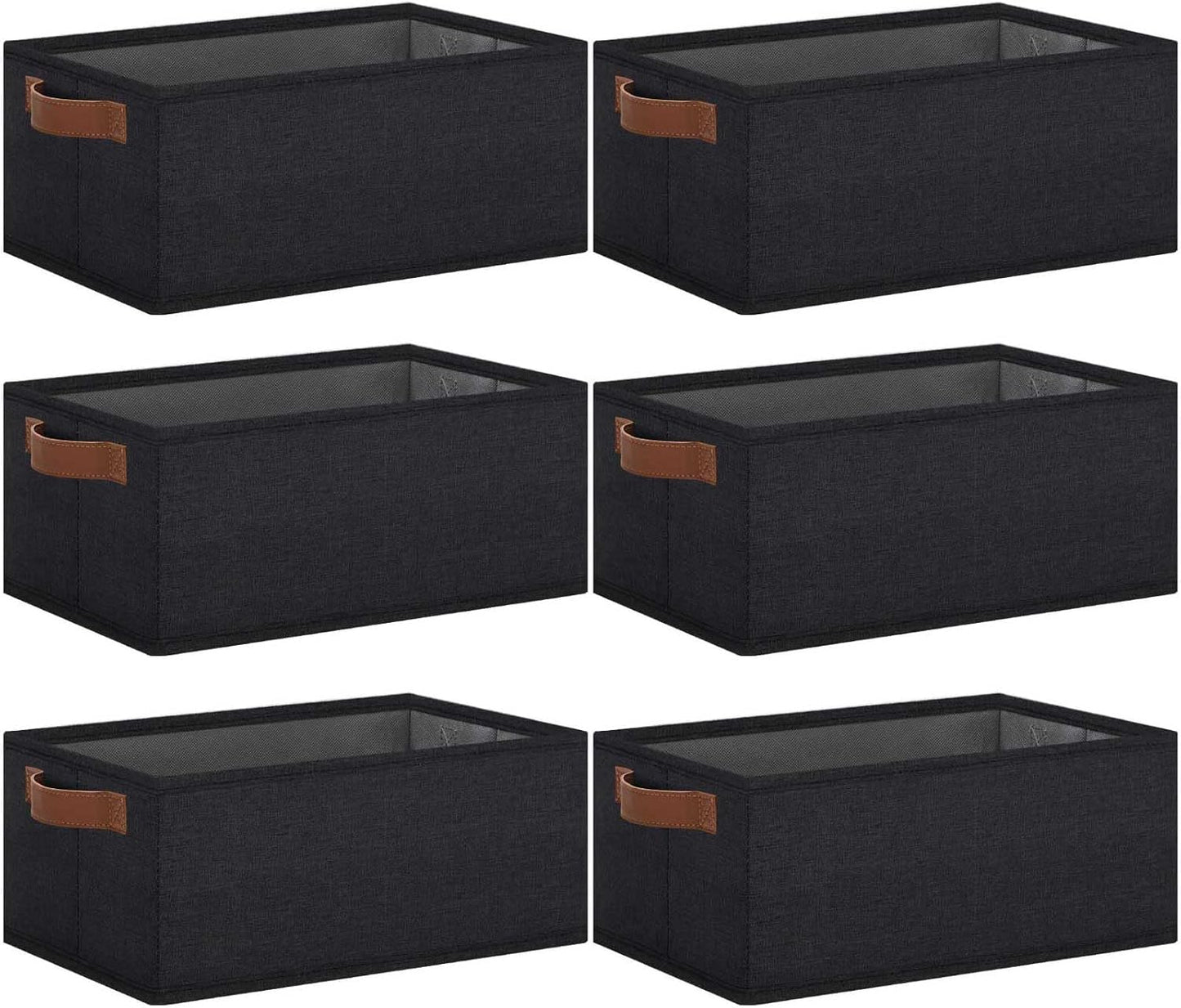 GhvyenntteS Small Fabric Storage Bins 6 Pack, 11.8" x 7.87" x 5.11" Storage Basket with Leather Handles, Closet Storage Bins for Shelves, Storage Baskets for Shelves, DVD Storage (Black)