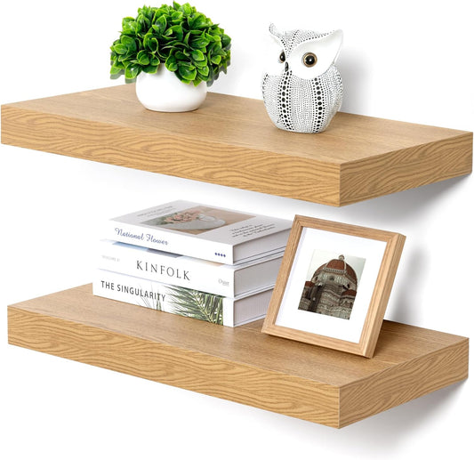 Deep Floating Shelves, 12 Inch Deep Rustic Floating Shelves Set of 2, 24 Inch Large Oak Wood Wall Mounted Shelves for Books Living Room Laundry Room Bedroom Kitchen Home Office - Oak