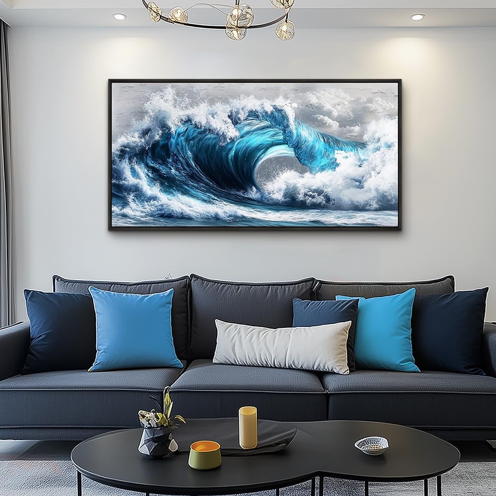 PHAOHUAXM Large Canvas Wall Art For Living Room Wall Decor For Bedroom Ocean Inspiration Wall Pictures Office Mural Decorations Posters Blue Wave Paintings Modern Home Decor Black Framed 24x48 In