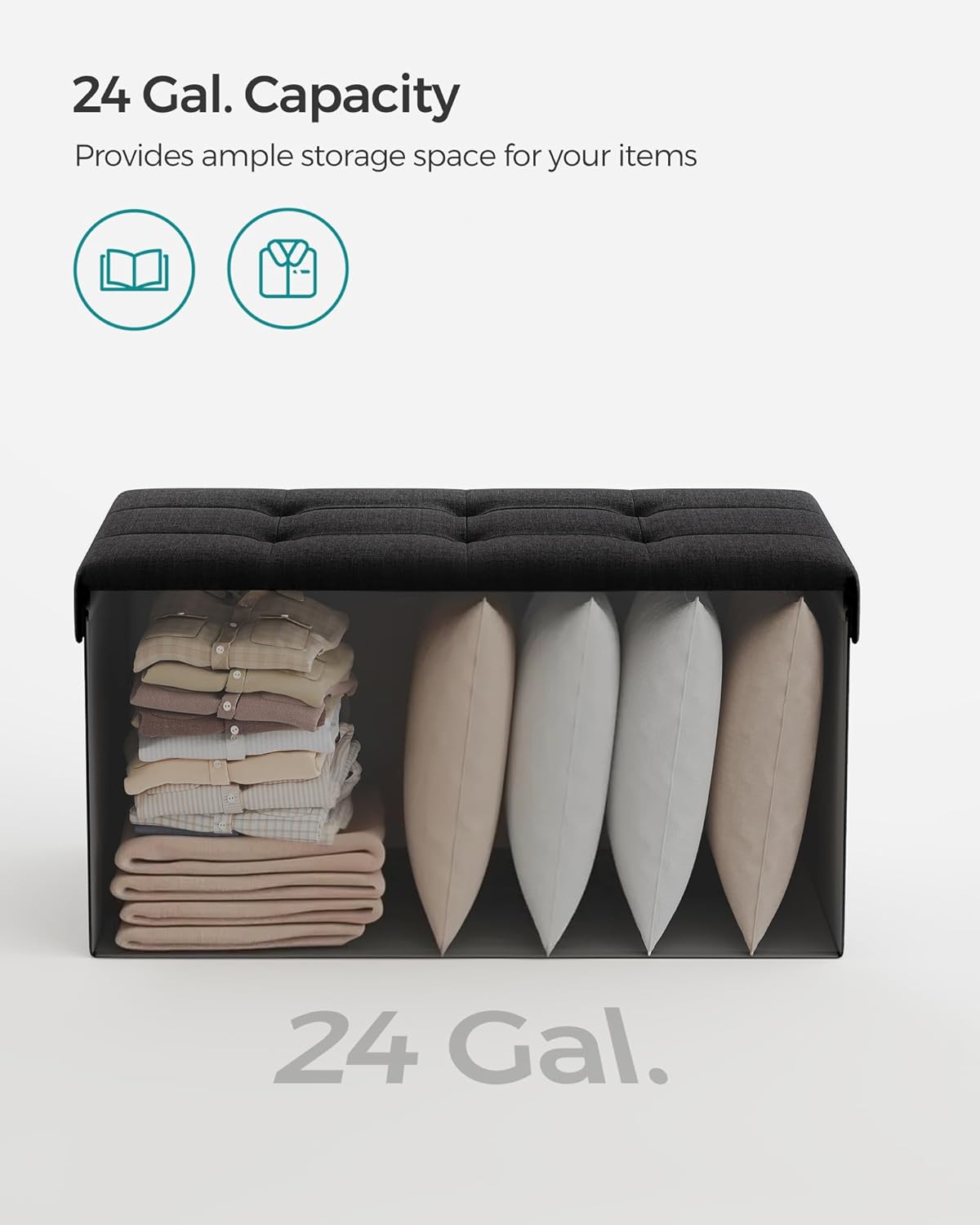 SONGMICS Mazie Collection - 30 Inches Folding Storage Ottoman Bench, Ottoman Foot Rest, End of Bed Bench, Storage Chest, Load 660 lb, for Living Room, Bedroom, Entryway, Ink Black ULSF047B01