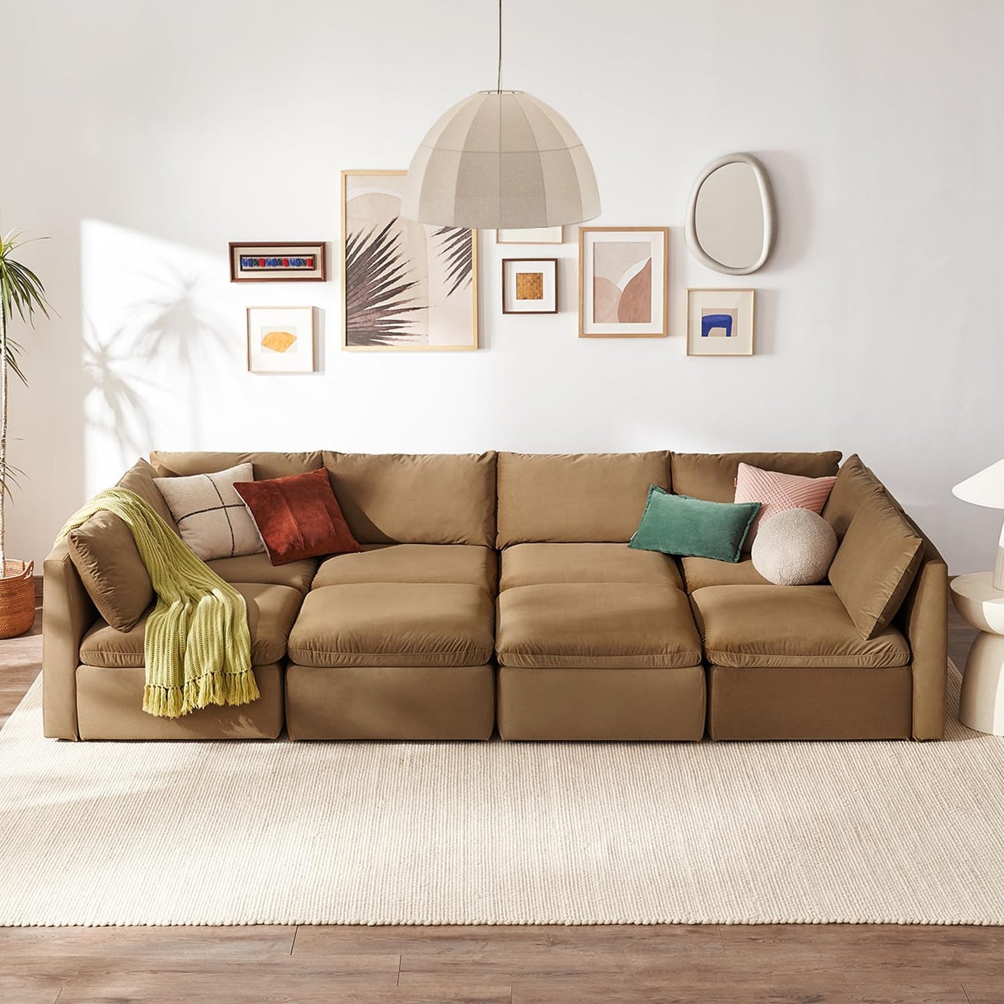 mopio Oversized Modular Sectional Sofa with Fully Removable Covers and Storage, Convertible U, L-Shaped and Sleeper Sectional, Modern Couches with Ottoman Chaise (Hazelnut Velvet, 8 Seats, Sleeper)
