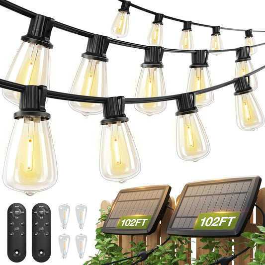 addlon 2 Pack*102FT(96+6) Solar String Lights Waterproof, Patio Lights Solar Powered with Remote & USB Port, 3 Lighting Modes 60+4 LED Shatterproof Bulbs Outdoor Light for Camping Backyard Garden