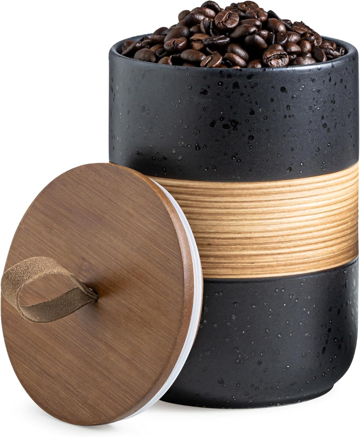 Coffee Container Jar with Lid, Ceramic Kitchen Food Storage Jars for Spice Sugar Cookie, Stackable Decorative Jars for Coffee Bar, Black & 28oz
