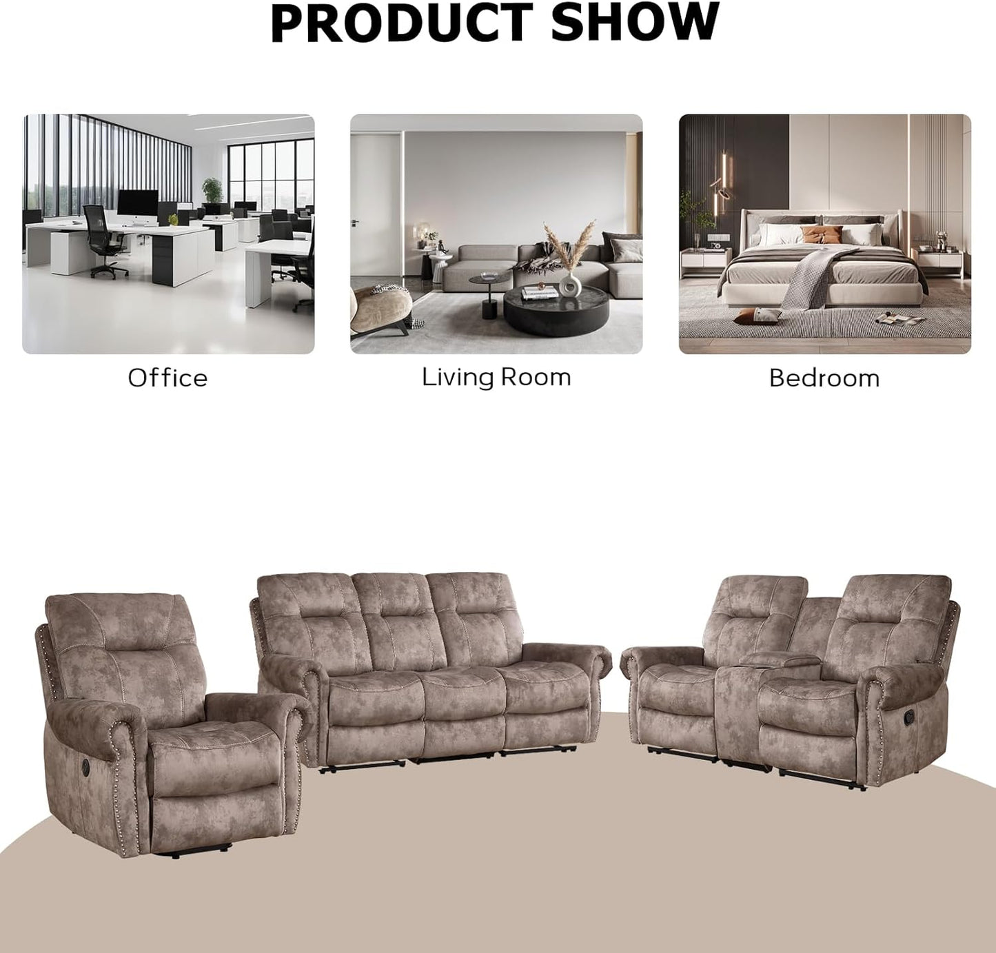 EBELLO Electric Power Recliner Chair with Massage and Heat, Soft Fabric Massage Recliner for Adults, Overstuffed Single Reclining Sofa, Vintage Rivet Mid-Century Design for Living Room, Brown