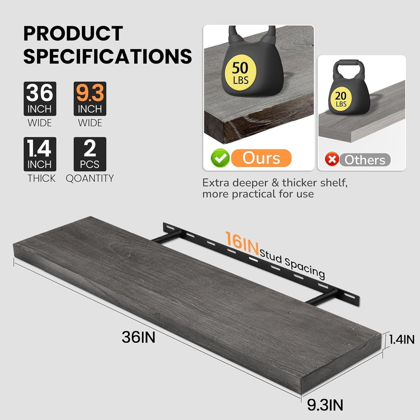 Fun Memories Floating Shelves for Wall, 36"x9.3" Rustic Solid Elm Wood Shelves, Heavy-Duty Wall Mounted Shelves with Invisible Brackets, Set of 2 for Living Room, Bedroom, Kitchen, Grey Finish