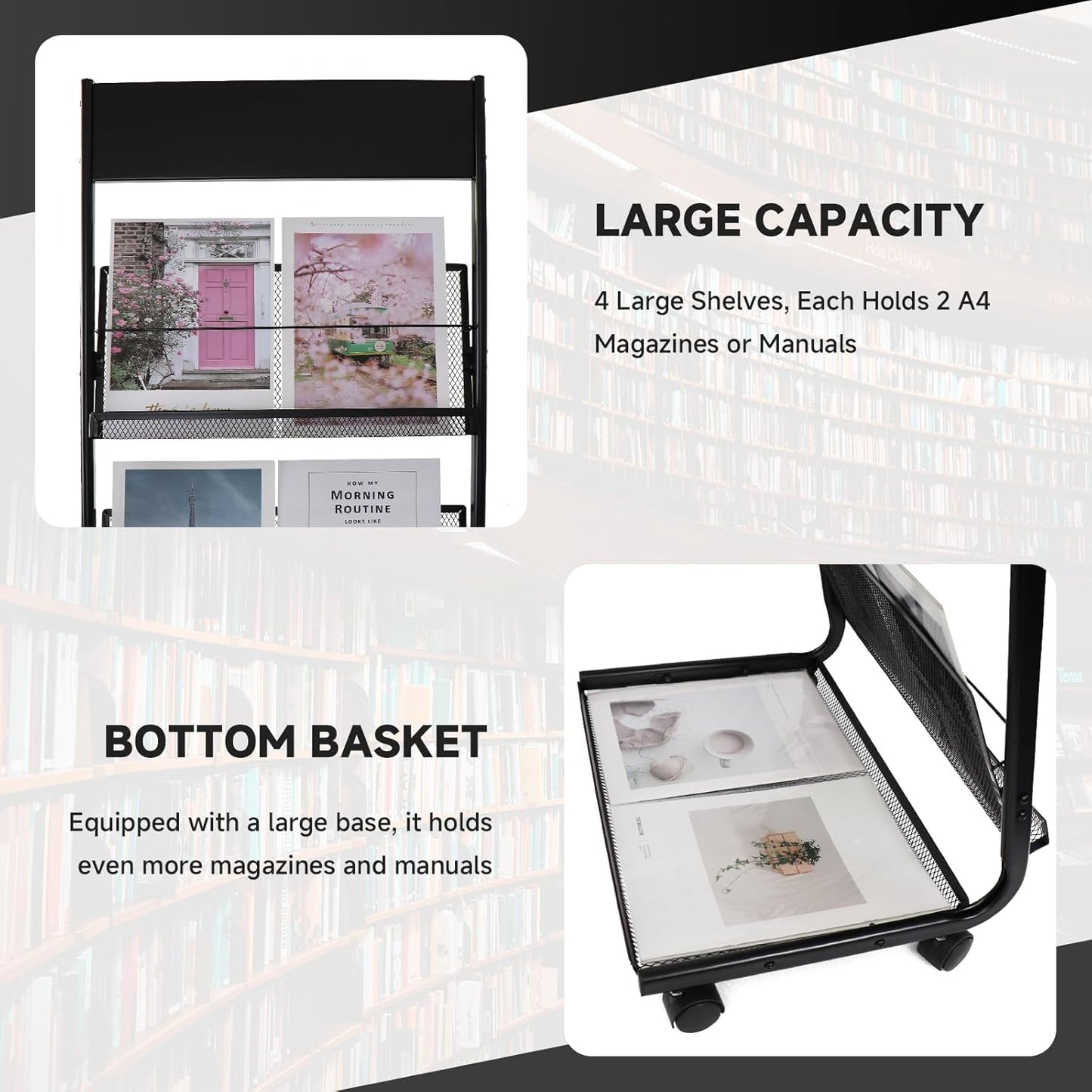 Floor-Standing Magazine Rack 4-Layer with Wheels, Brochure Display Stand for Exhibitions, Office, and Any Organization Requiring Information Display
