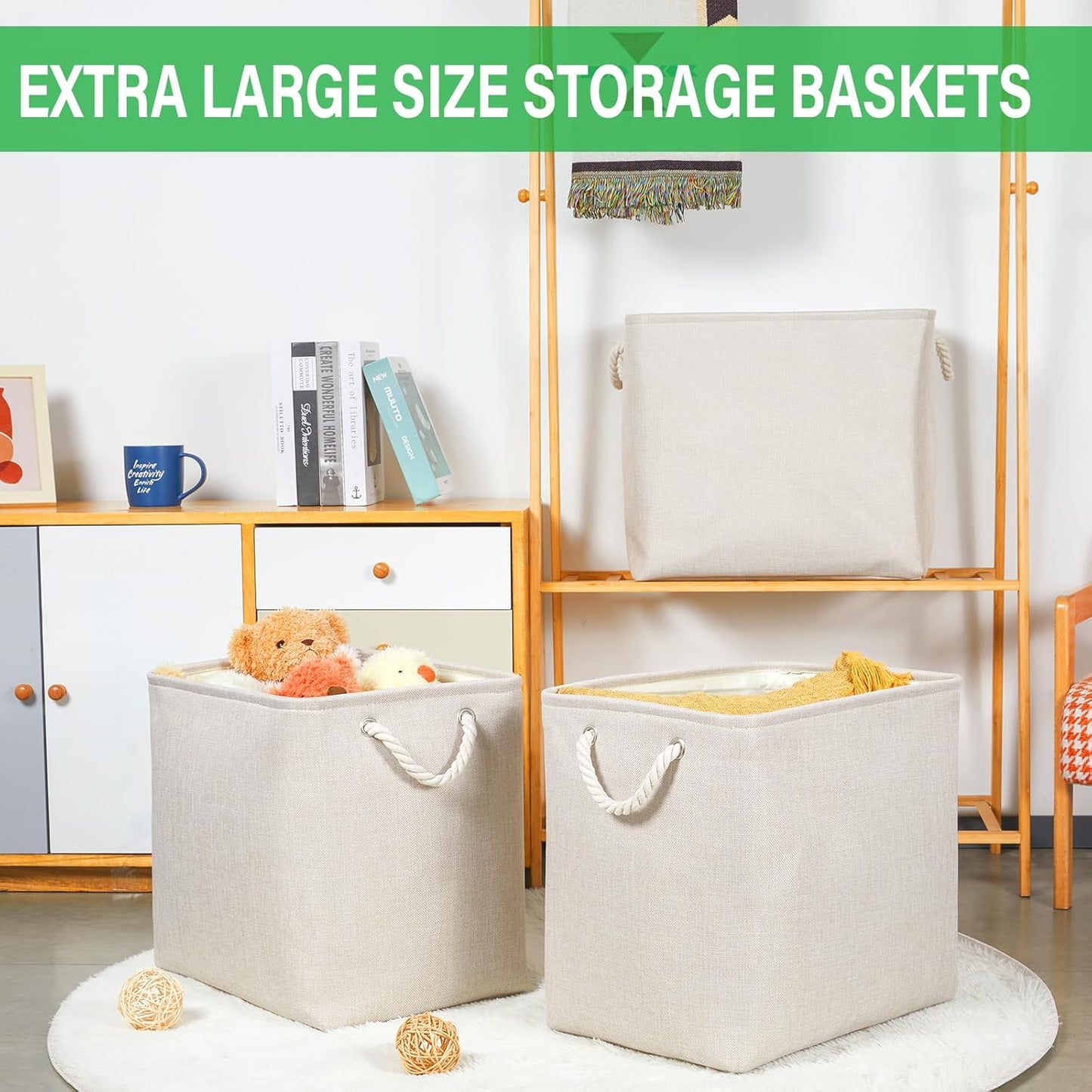Bidtakay Extra Large Storage Baskets for Organizing Clothes Storage Bins 3 Pack Fabric Storage Bins for Shelves Linen Collapsible Organizer for Closet-Light Biege