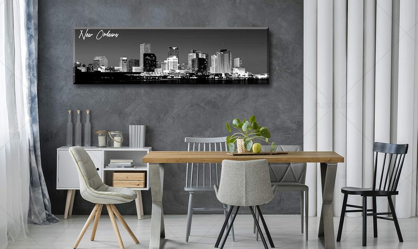 DJSYLIFE New Orlean Canvas Wall Art Decor City Skyline Pictures Poster Artwork Black and White Panorama Cityscape Painting for Bedroom Office Living Room Decoration Ready to Hang 13.8"X47.3"