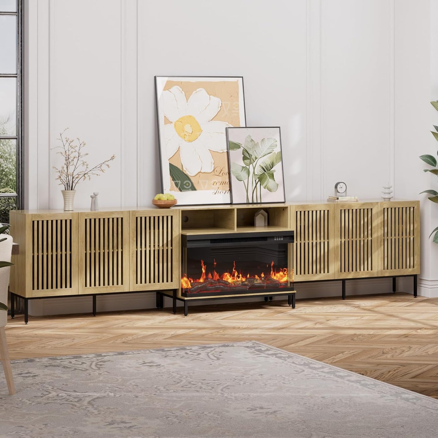 3-Sided Glass Farmhouse Fireplace TV Stand for TVs Up to 110 Inch, Oak Entertainment Center with 36" Electric Fireplace, TV Console with Storage Cabinets for Living Room