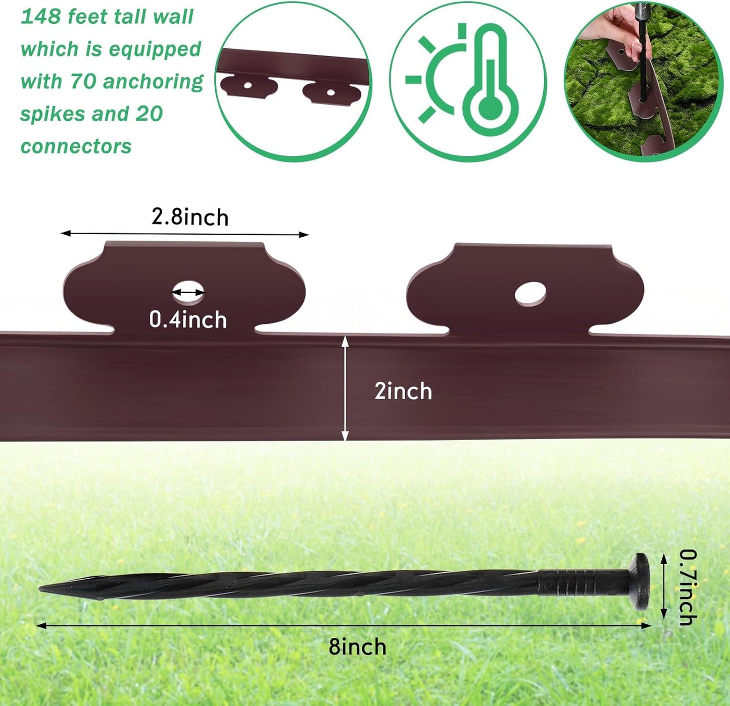 Queekay Landscape Edging Kit 148 ft with 70 Spikes 20 Connectors Plastic Border for Garden, Lawn, Yard, Pathway(Brown,2 Inch)
