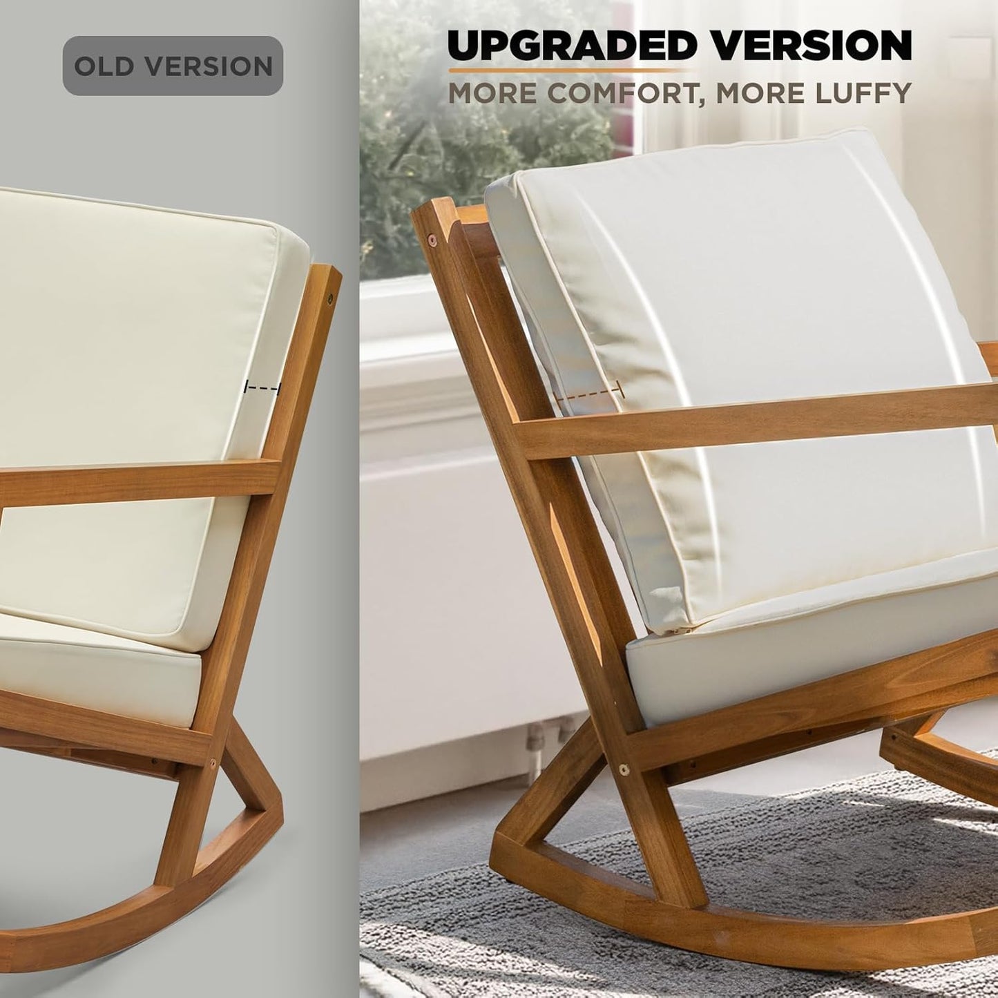 IDZO Club Rocking Chair 500lbs Capacity with Inclined Backrest, Thick Foam Cushion, Solid Acacia Wood Rocker for Patio, Backyard, Balcony, Porch