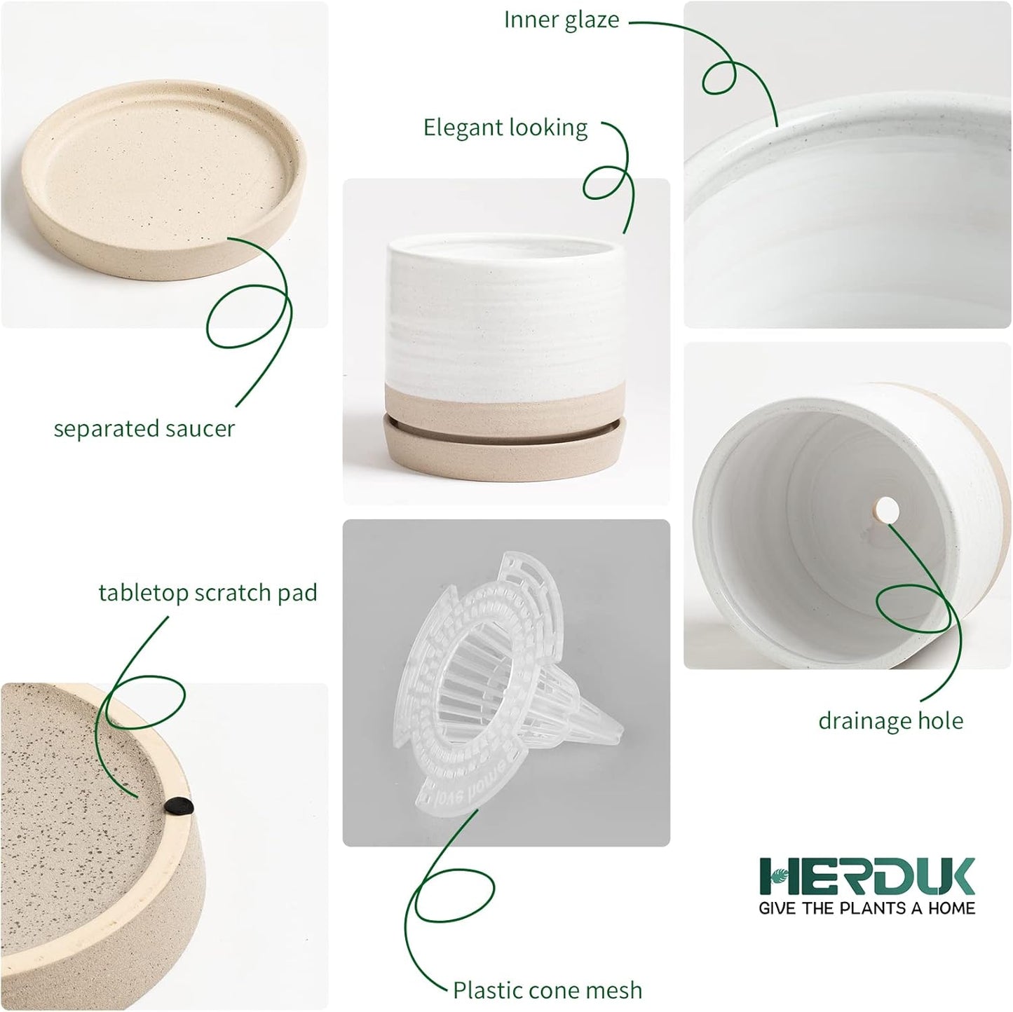 8 Inch Pots for Plants, Ceramic Planter Pot with Drainage Hole & Saucer, Indoor or Outdoor Cylinder Round Planter Pot, Matte White & Beige