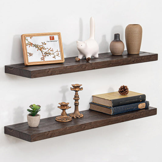 Floating Shelves for Wall, 32" Flat Edge Solid Elm Wood Floating Shelf, Wall-Mounted Display Shelves with Invisible Heavy-Duty Metal Bracket, Floating Shelf for Kitchen (Wanlut, Set of 2)