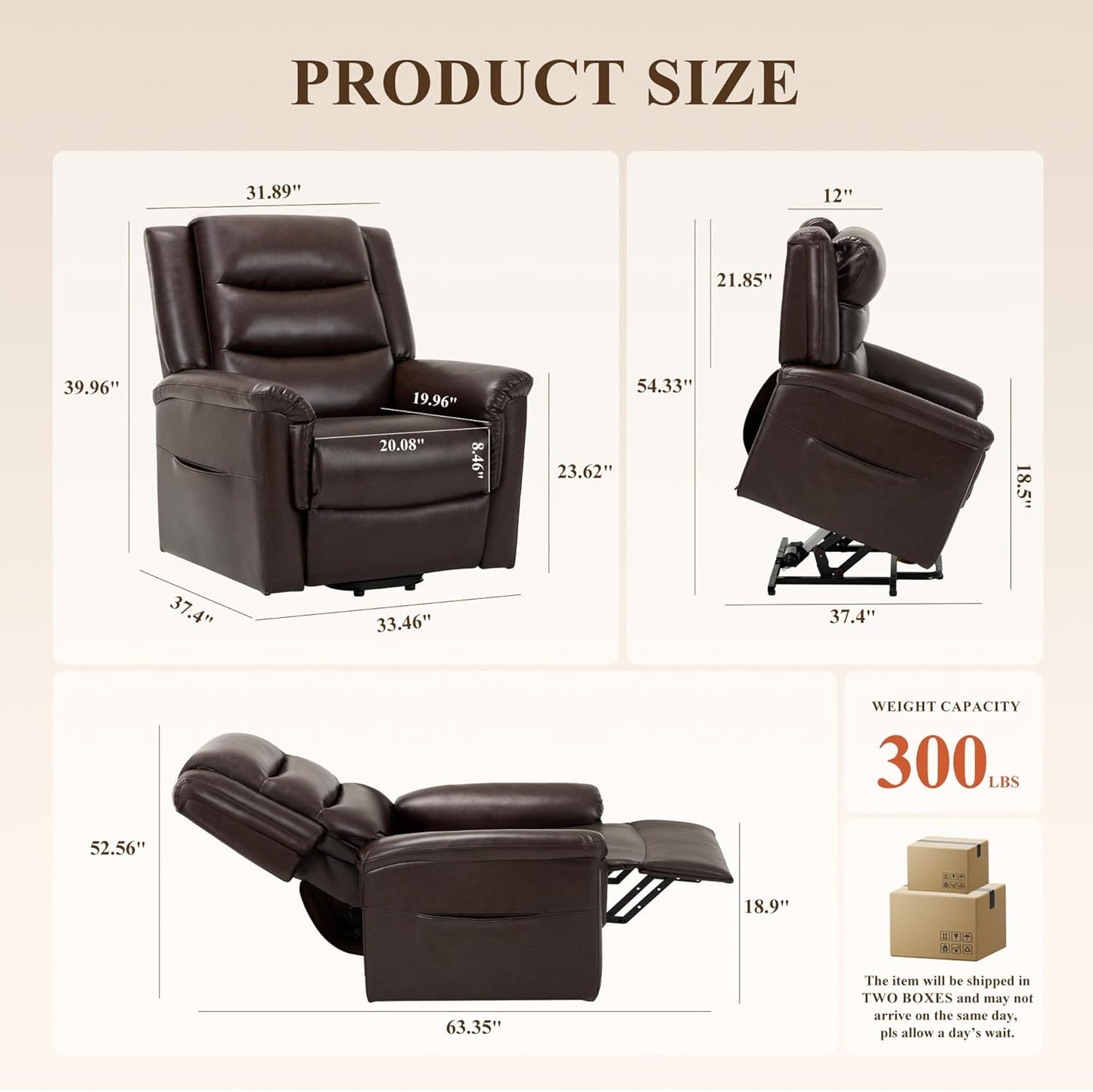 COLAMY PU Leather Power Lift Chair with Massage and Heat,Electric Lift Recliner Chair with Thick Cushioned Padding Backrest for Living Room, Office, Bedroom -Darkbrown