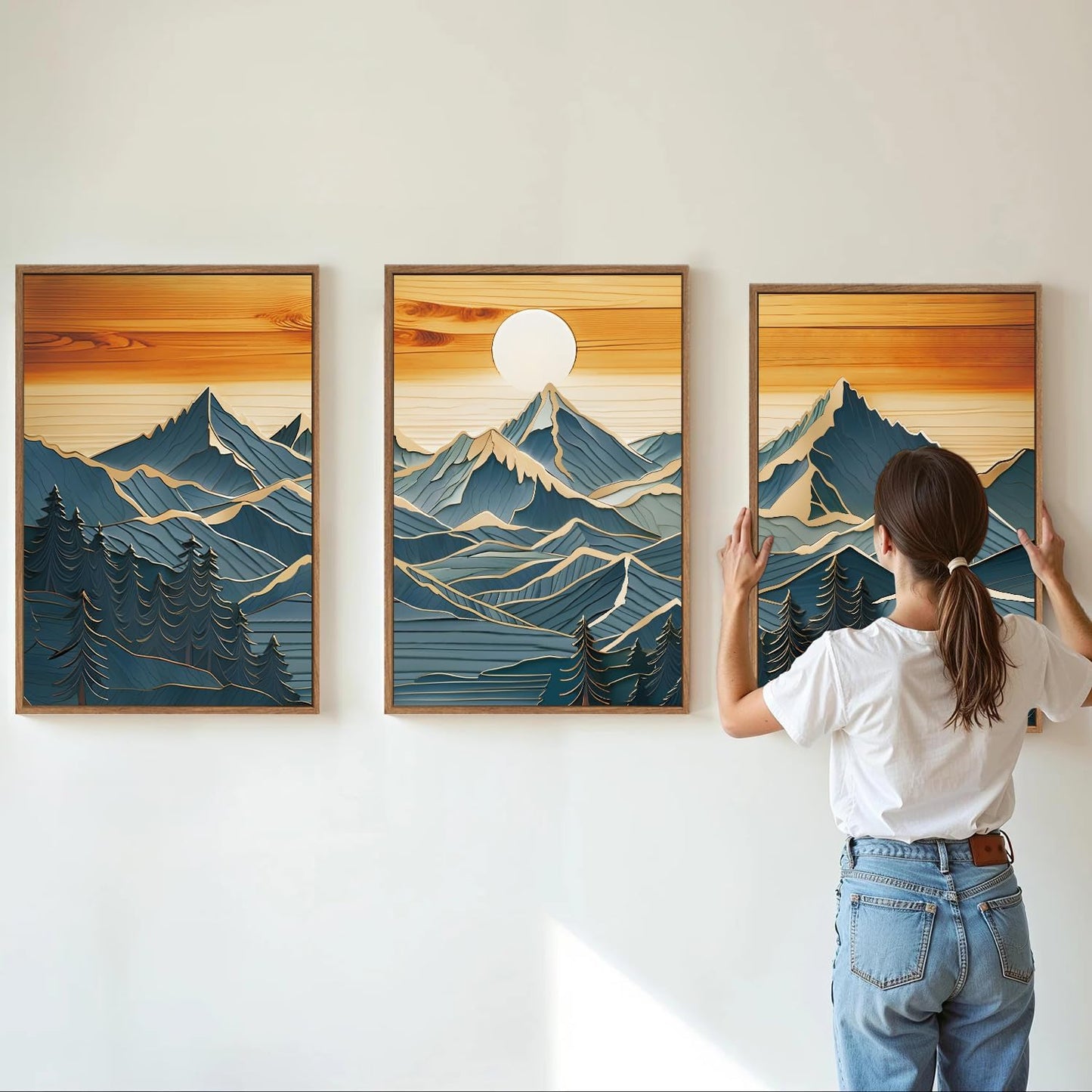 Tinonedraw Metal Mountain Framed Canvas Wall Art, Boho Mountains Artworks, Mid Century Modern Blue Ridge Wall Decor, Vintage Nature Forest Sunset Art Print for Living Room Bedroom Office 24"x36"x3