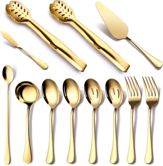 Gold Serving Utensils, OGORI 12-Piece Stainless Steel Serving Utensils Include Serving Spoons, Slotted Spoons, Serving Tongs, Serving Forks, Butter Knife, Stirring Spoon, Soup Ladle, Pie Server