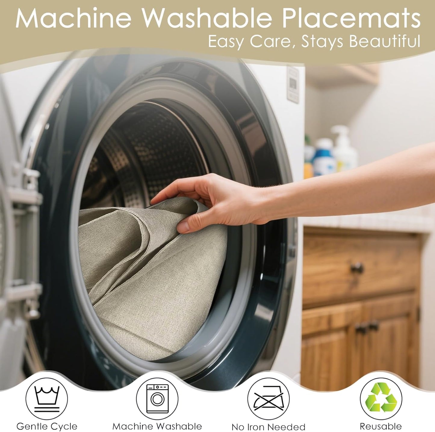 MANSPHIL Cloth Placemats Set of 6, Double Layer Faux Linen Place Mats Heat Resistant Washable Table Mats for Dining Kitchen Indoor Outdoor Use - 13x19 Inch Beige