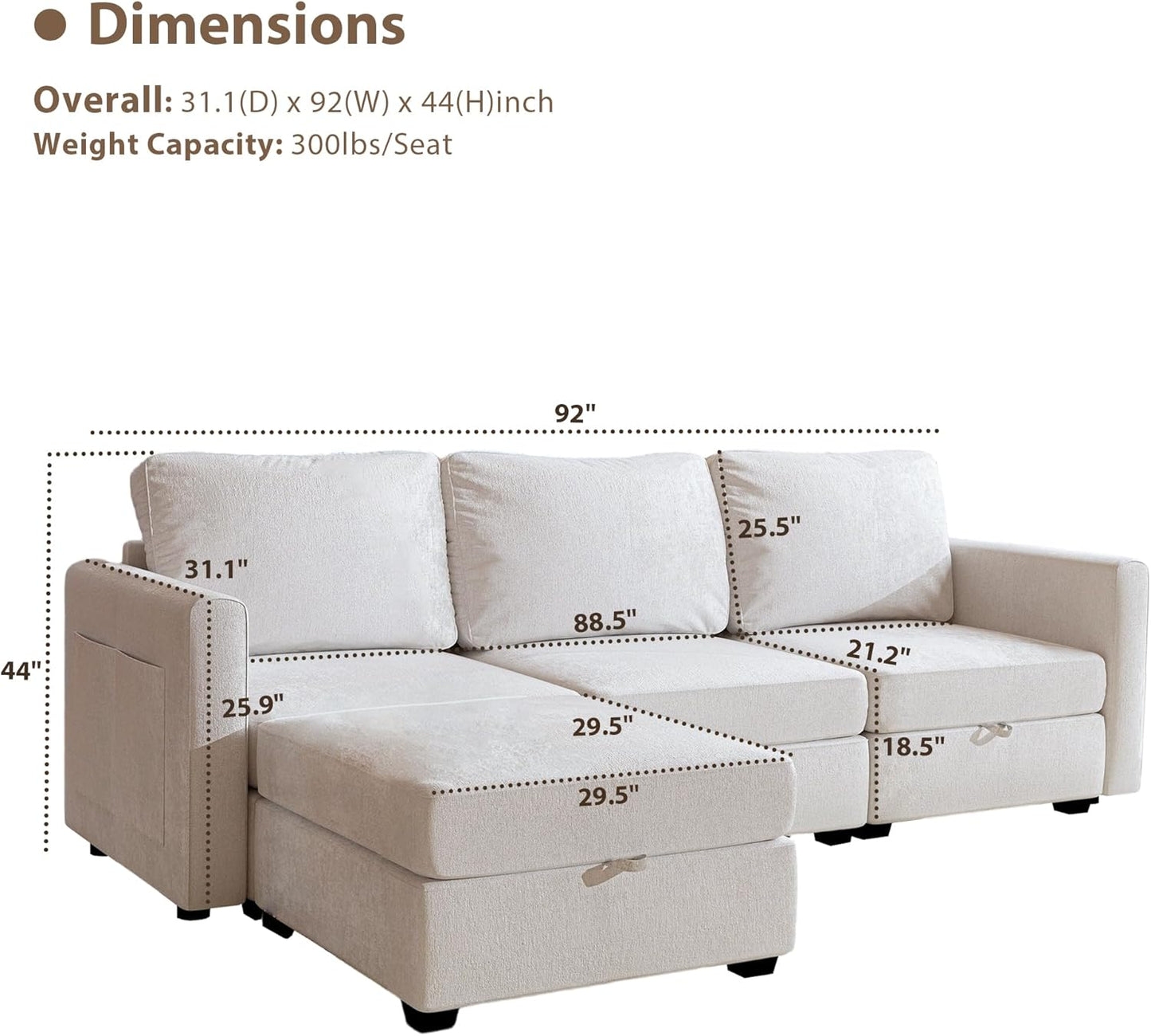 mestyl Modular Sectional Sofa Convertible L Shaped Sofa Couch Set with Storage for Living Room, Modern 3 Seater Modular Sectional Couch with Movable Ottoman (Beige)