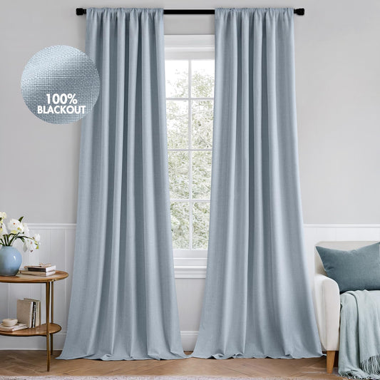 MIULEE 100% Blackout Curtains 108 Inch Long 2 Panels Set for Bedroom, Thick Faux Linen Black Out Curtain Room Darkening Back Tab Pleat Window Textured Drapes with Hooks for Living Room, Chambray Blue