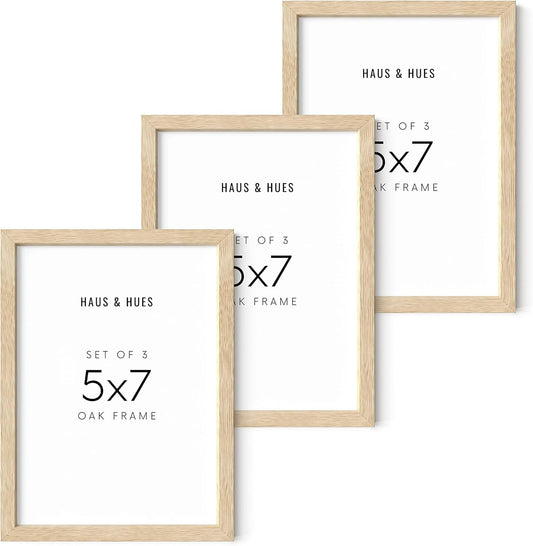 HAUS AND HUES Beige Wood Picture Frames 5x7 - Set of 3 for Gallery Wall, Collage Wall Decor, Photo Frames (Beige Oak)