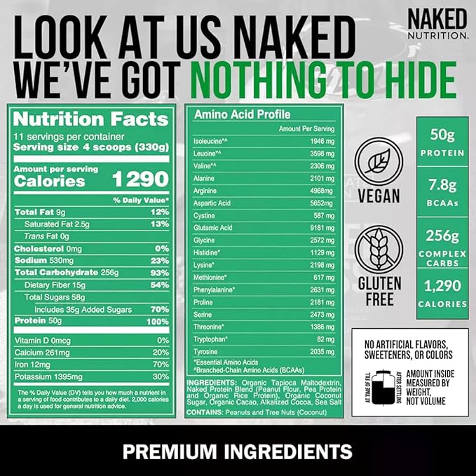 Naked Chocolate Peanut Butter Vegan Mass - 1,290 Calories, Nothing Artificial, All Natural Chocolate PB Weight Gainer Protein Powder - 8LB Bulk, GMO Free, Gluten Free & Soy Free - 11 Servings