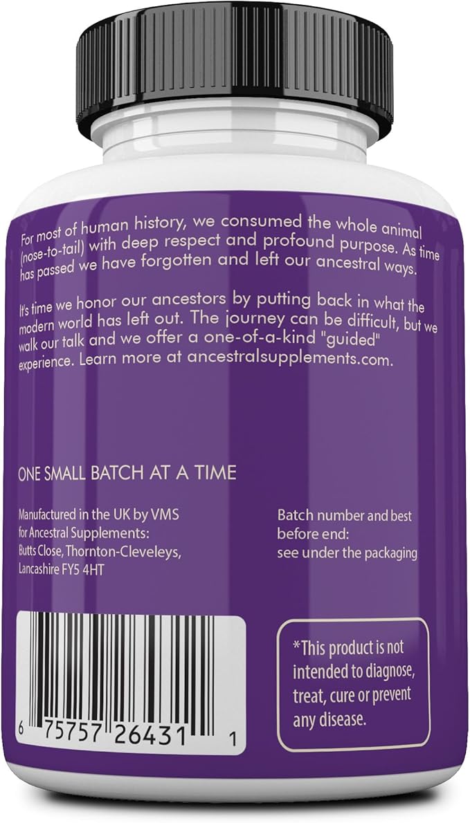 Ancestral Supplements Grass Fed Beef Brain Supplement with Beef Liver, Whole Food Brain Support Promotes Brain, Mood, and Memory Health, Brain and Liver Health Formula Capsules, Non-GMO, 180 Capsules