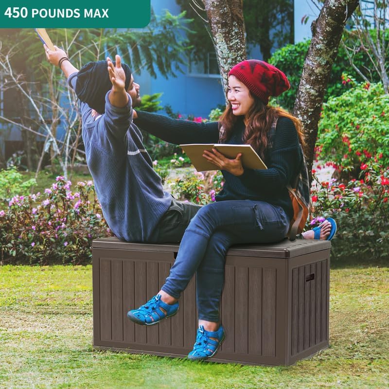 YITAHOME 90 Gallon Large Deck Box, Double-Wall Resin Outdoor Storage Boxes, Deck Storage for Patio Furniture, Cushions, Pool Float, Garden Tools, Lockable & Waterproof (Brown)