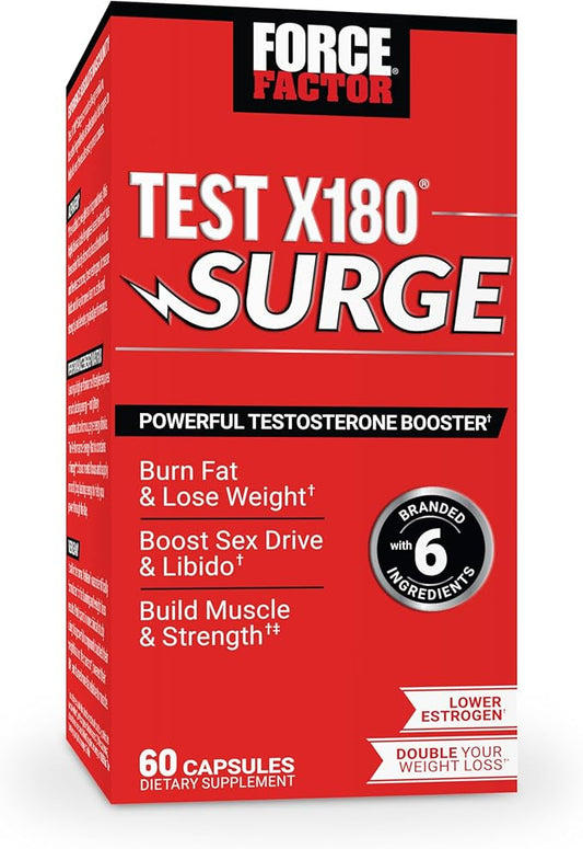 Force Factor Test X180 Surge Testosterone Support for Men, Male Vitality Enhancing Supplement, Promote Muscle & Strength, Support Weight, Boost Long-Lasting Energy, 60 Capsules