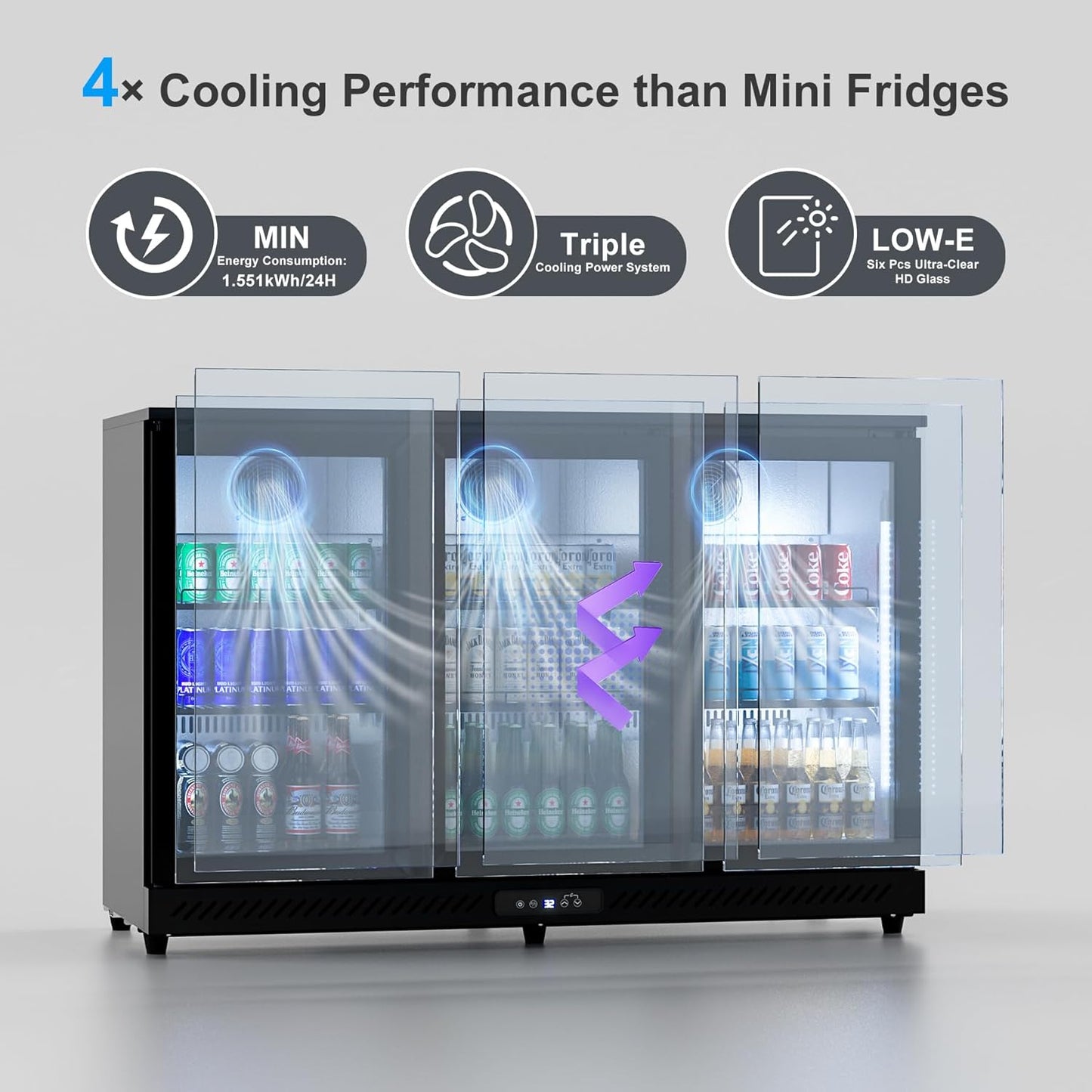 COTLIN 12.45 Cu.Ft Back Bar Beverage Cooler with Low-E Glass Auto Defrost – 3 Door Commercial Under Counter Fridge for Beer, Soda, Wine– Triple Fan Cooling, ETL NSF Approved