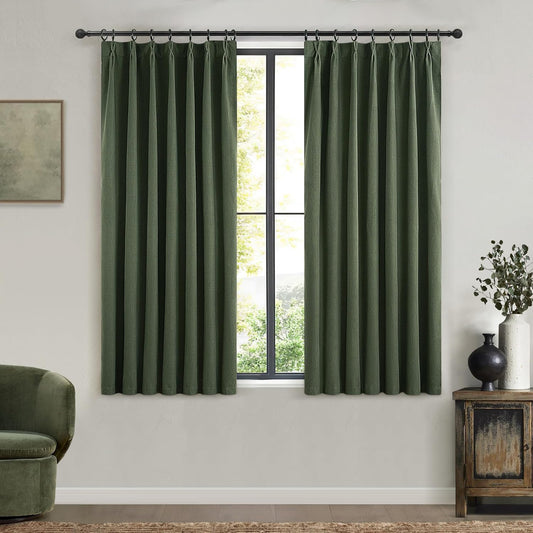 Olive Green Pinch Pleated Cafe Blackout Curtains 45 Inch Length for Small Windows, Dark Academia Cottage Core Curtains Faux Linen Viral Kitchen Drapes Room Darkening Thermal 2 Panels Set(40"W x 45"L)