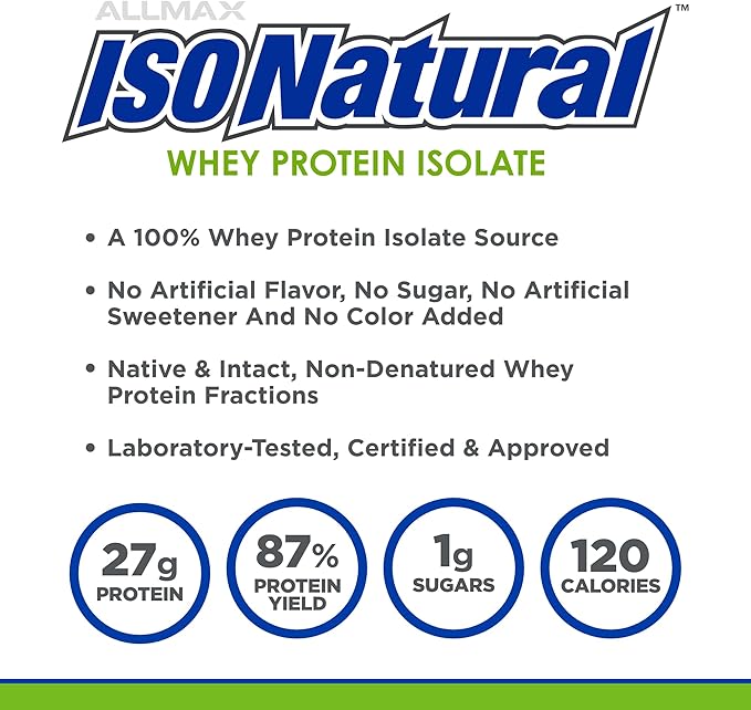 ALLMAX ISONATURAL Whey Protein Isolate, Vanilla - 5 lb - 27 Grams of Protein Per Scoop - Zero Fat & Sugar - 99% Lactose Free - with Prebiotics - No Artificial Flavors - Approx. 73 Servings