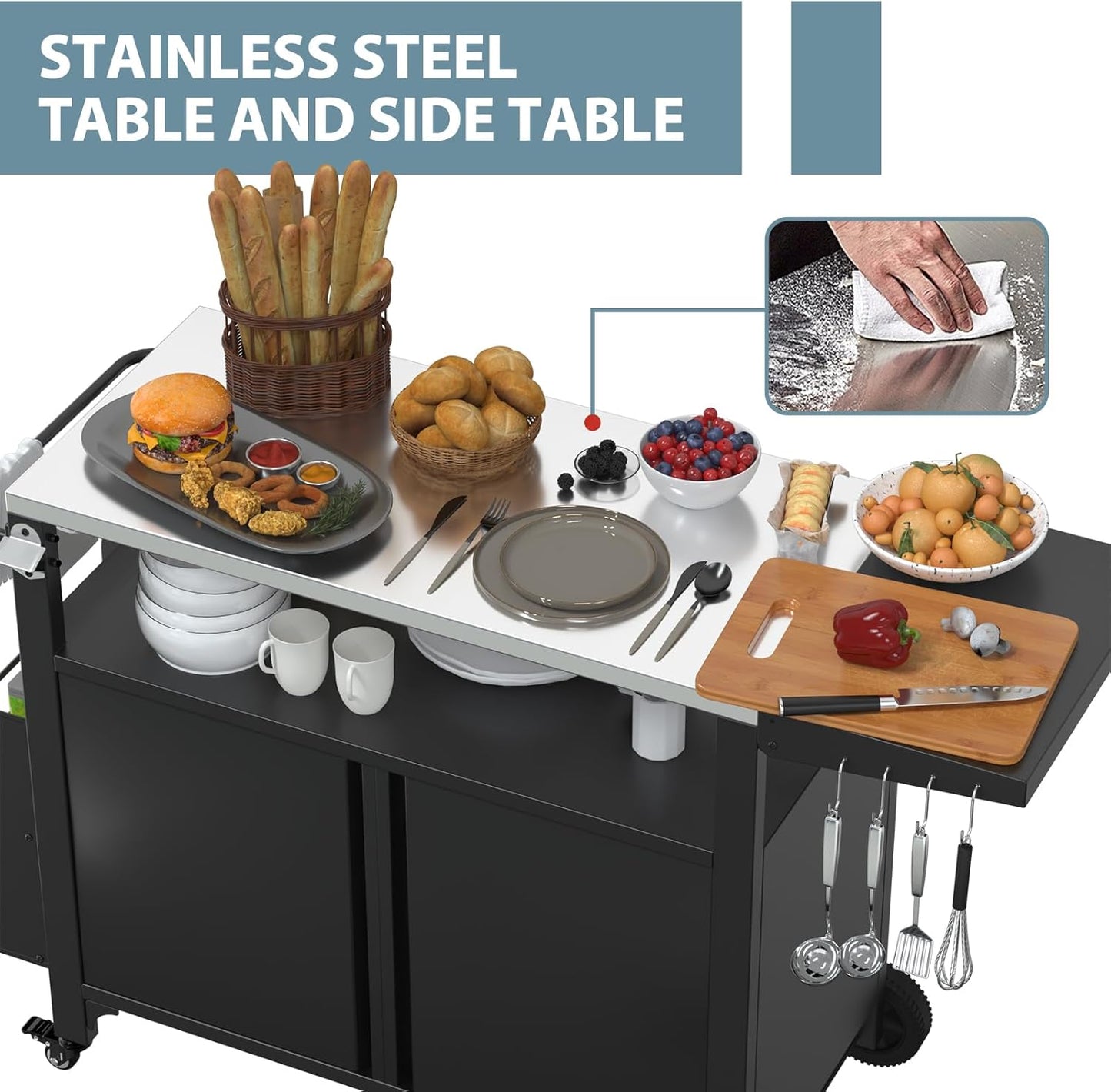 Outdoor Grill Cart with Wheels, Outdoor Kitchen Bar Cart Mobile BBQ with Foldable Stainless Steel Top & Storage Cabinet