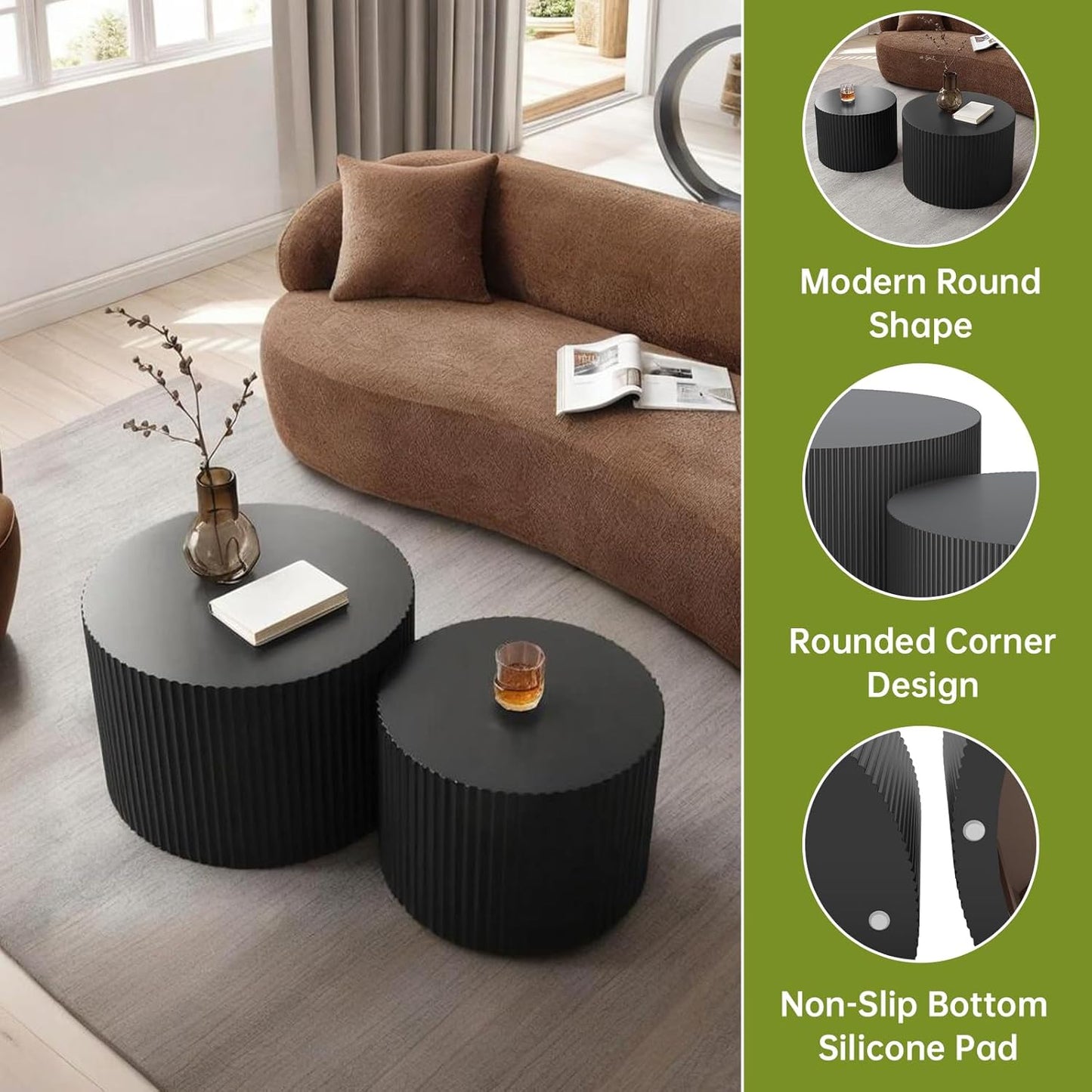 Round Nesting Coffee Table Modern Black Fluted Coffee Table Set of 2 for Living Room Circle Drum Coffee Tables Round Nesting Tables for Small Spaces (Black B 27in)
