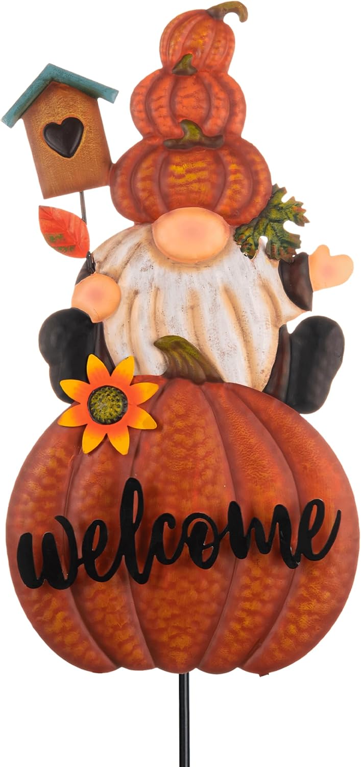 TERESA'S COLLECTIONS Fall Gnome Pumpkin Decorations for Outdoor Home, Metal Fall Decor Welcome Signs Stakes, Orange Autumn Yard Decor for Thanksgiving, Harvest Garden Patio Gift for Mom 25"