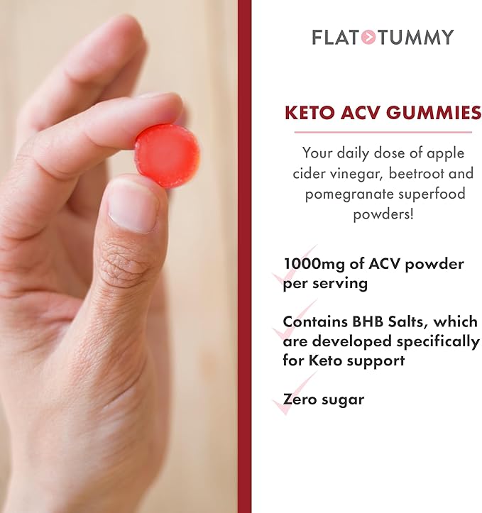 Flat Tummy Keto ACV Gummies, 60 Count – Specialized Keto Formula, Vegan-Friendly, Non-GMO - Apple Cider Vinegar Gummies with BHB Salts, Beet and Pomegranate Superfood Powders